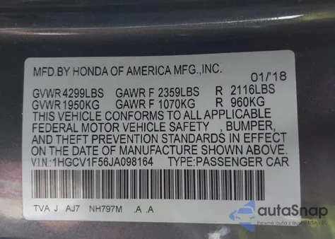 2018 Honda Accord Ex-L из США, поврежденный, VIN 1HGCV1F56JA098164